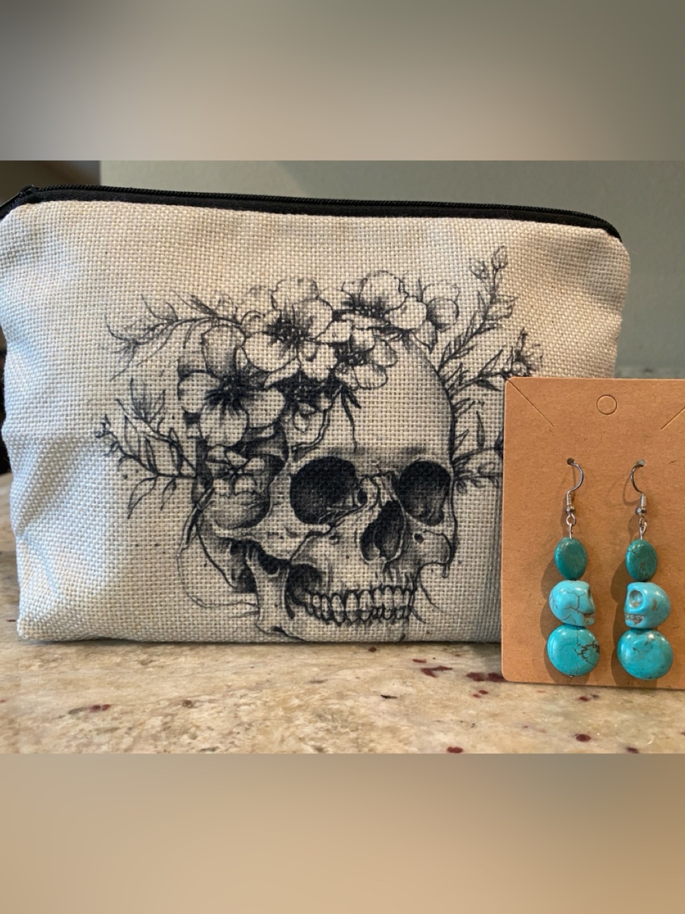 Canvas Skull Cosmetic Pouch and Skull Dangle Earrings set